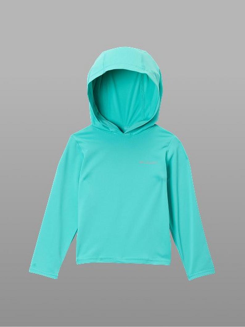 Turquoise long-sleeve hoodie with kangaroo pocket displayed flat on invisible mannequin.