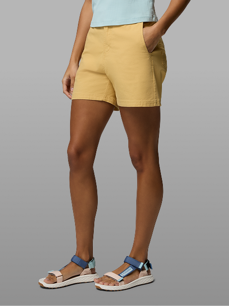 Waist-down image of a woman wearing yellow shorts and sandals.