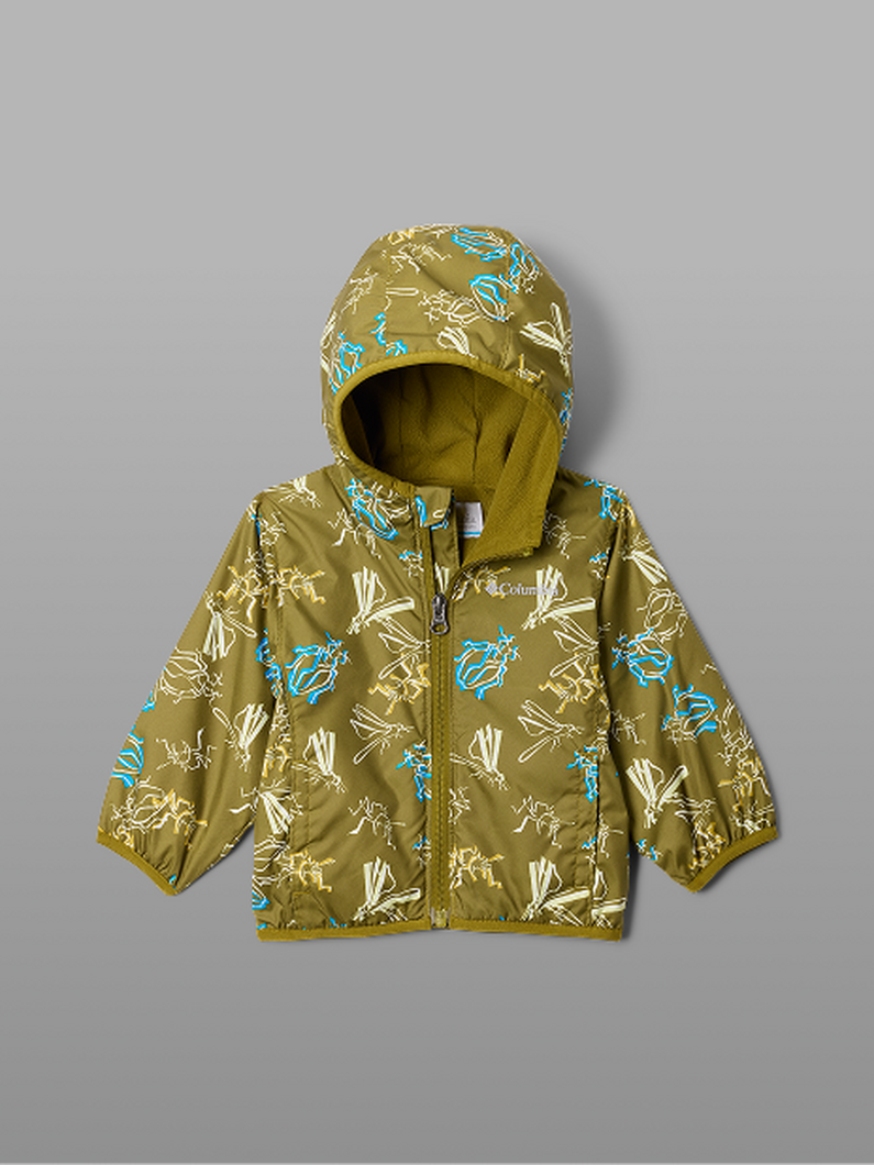 A green patterned infant's jacket.