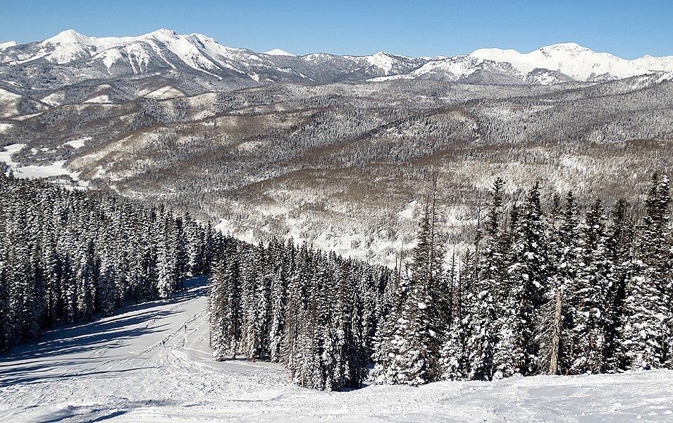 A snow-covered  ski slopes winds through a forest.