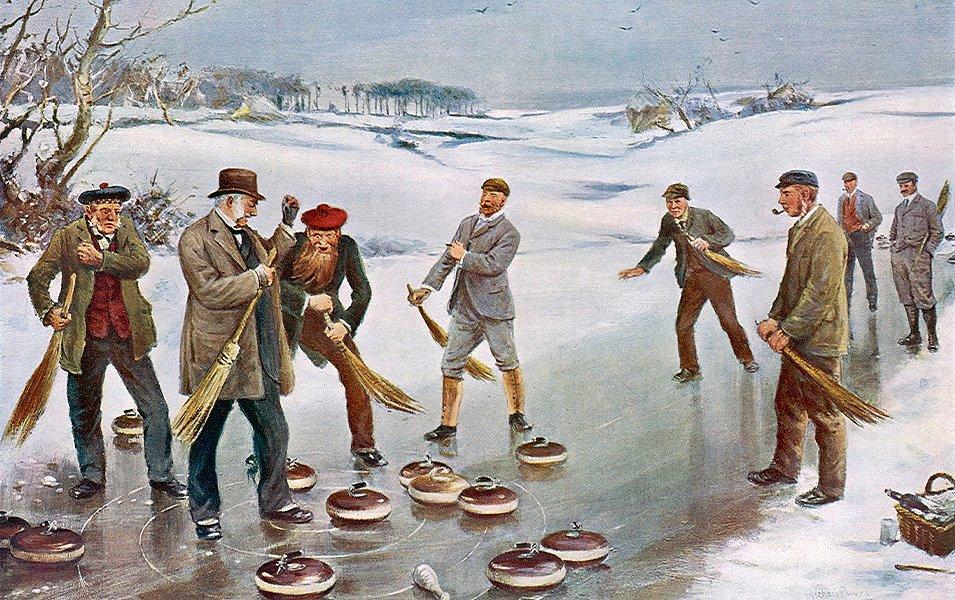 A historic picture shows men dressed in jackets and knickers,  wearing traditional caps and top hats, have fun curling on a frozen , snowy, river. 