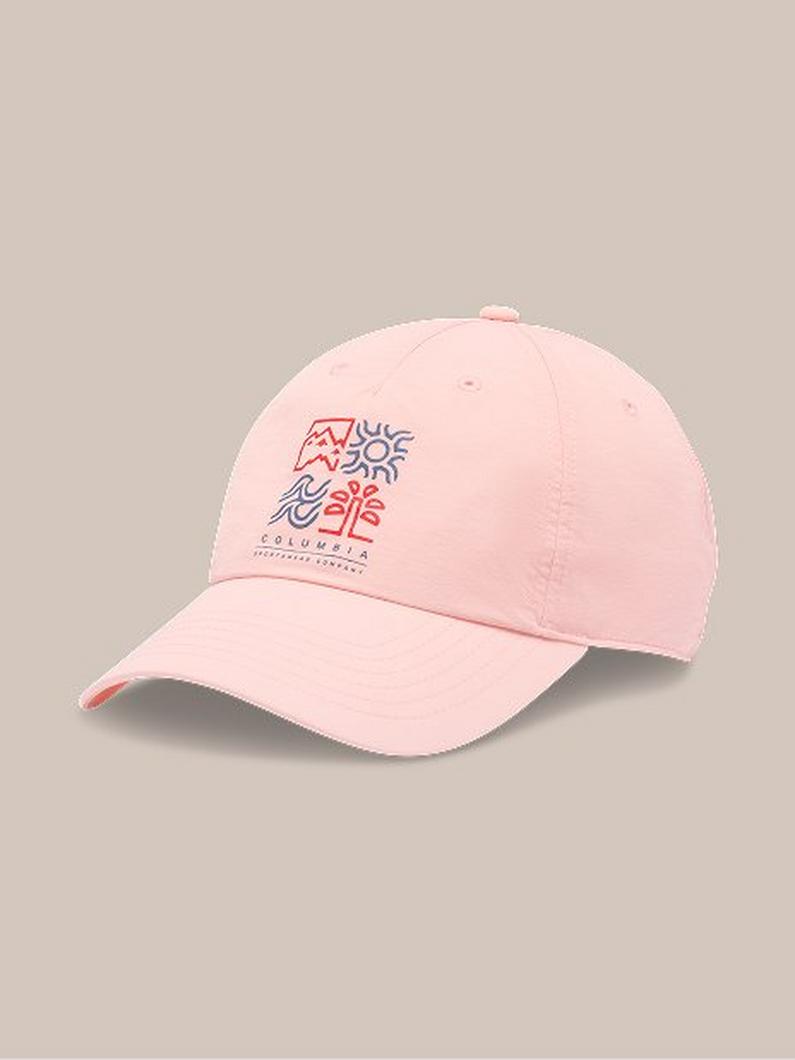 Pink baseball cap with embroidered geometric sun and floral design on front panel.