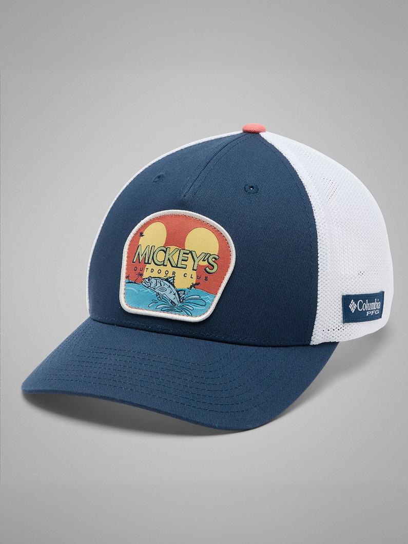 Navy and white mesh trucker hat with Mickey's Outdoor Club patch featuring sunset and fish design.