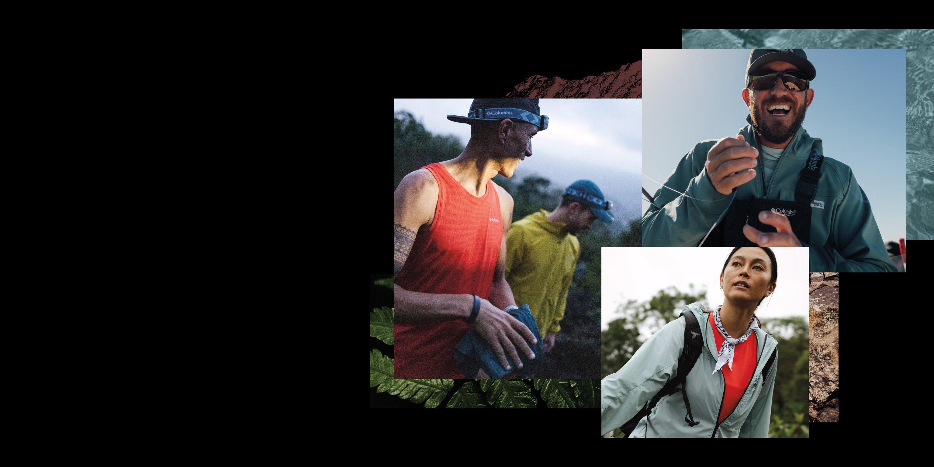 Collage of outdoor enthusiasts hiking and exploring, wearing athletic apparel and visors.