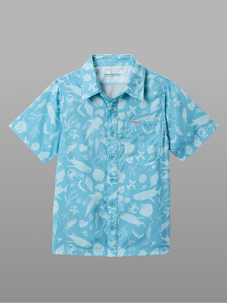 Light blue short-sleeve button-up shirt with white tropical leaf and floral print pattern.