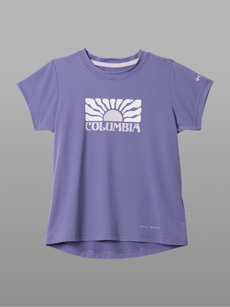 Purple short-sleeve t-shirt with white sun ray graphic and COLUMBIA text on chest.