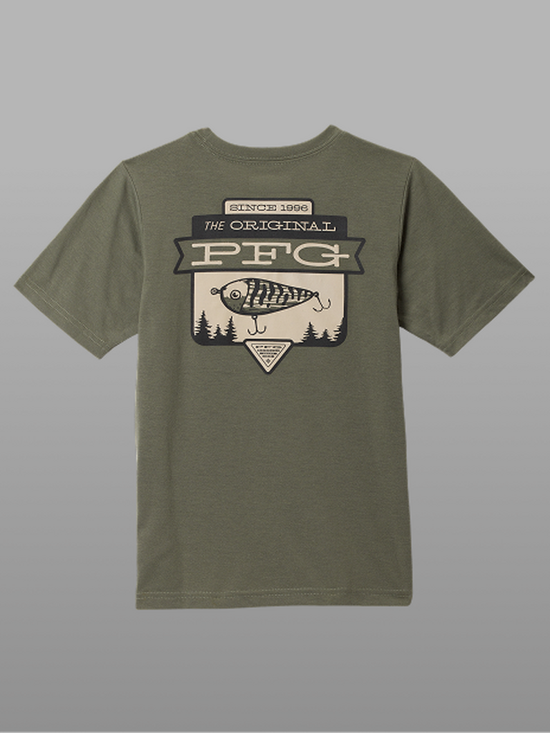 Olive green t-shirt with back graphic featuring a fishing lure and pine trees design.