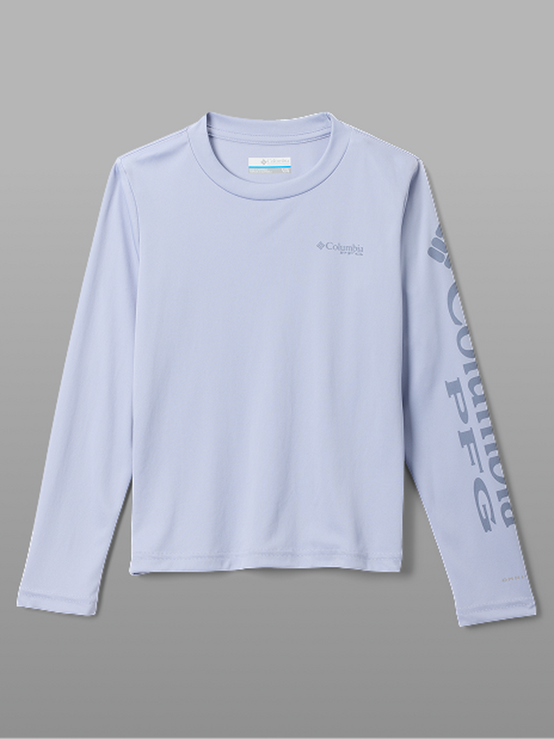 Light purple long-sleeve crew neck shirt with text printed down the right sleeve.