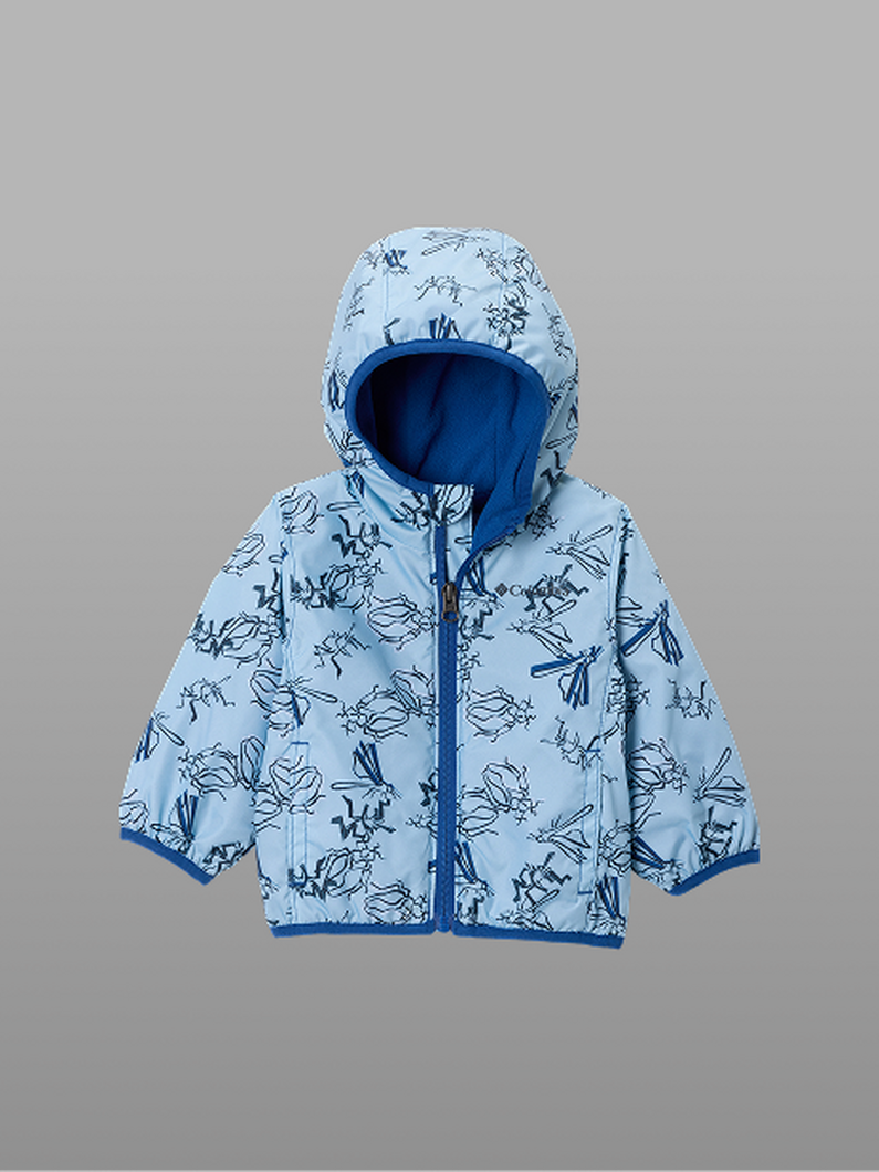 Light blue hooded jacket with insect print pattern and zip front closure.