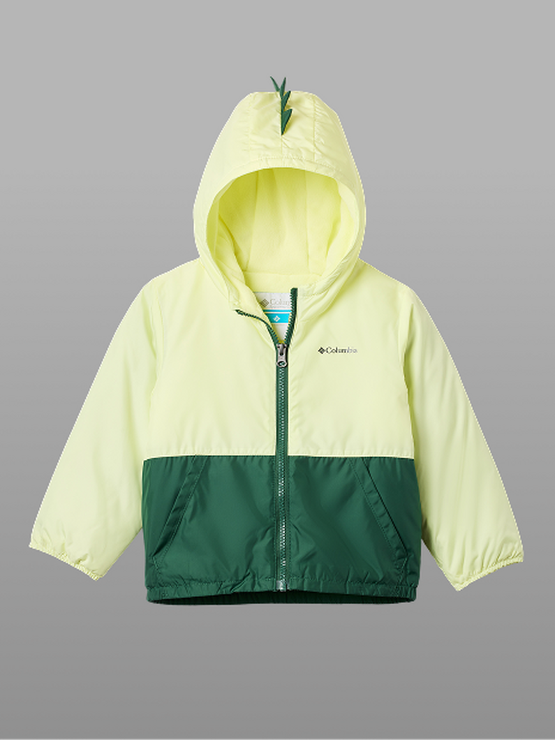 Children's hooded jacket in pale yellow and green colorblock with front zip closure and pockets.