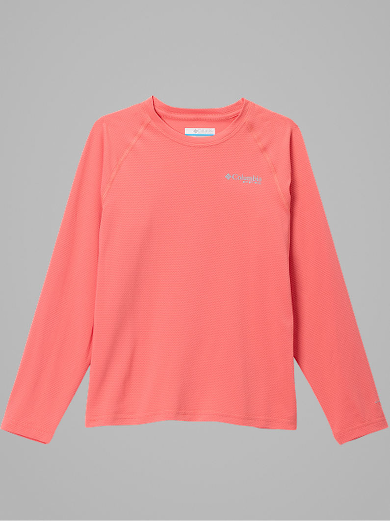 Coral long-sleeved crew neck top with subtle textured stripes and small chest text.