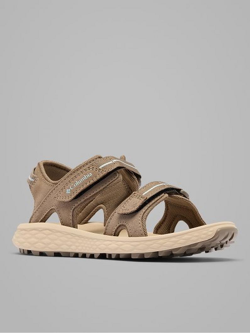 Tan outdoor sandal with three adjustable velcro straps and beige treaded sole.