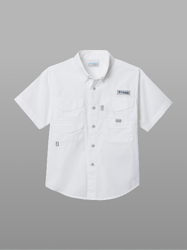 White short-sleeve fishing shirt with button-front closure and multiple chest pockets.
