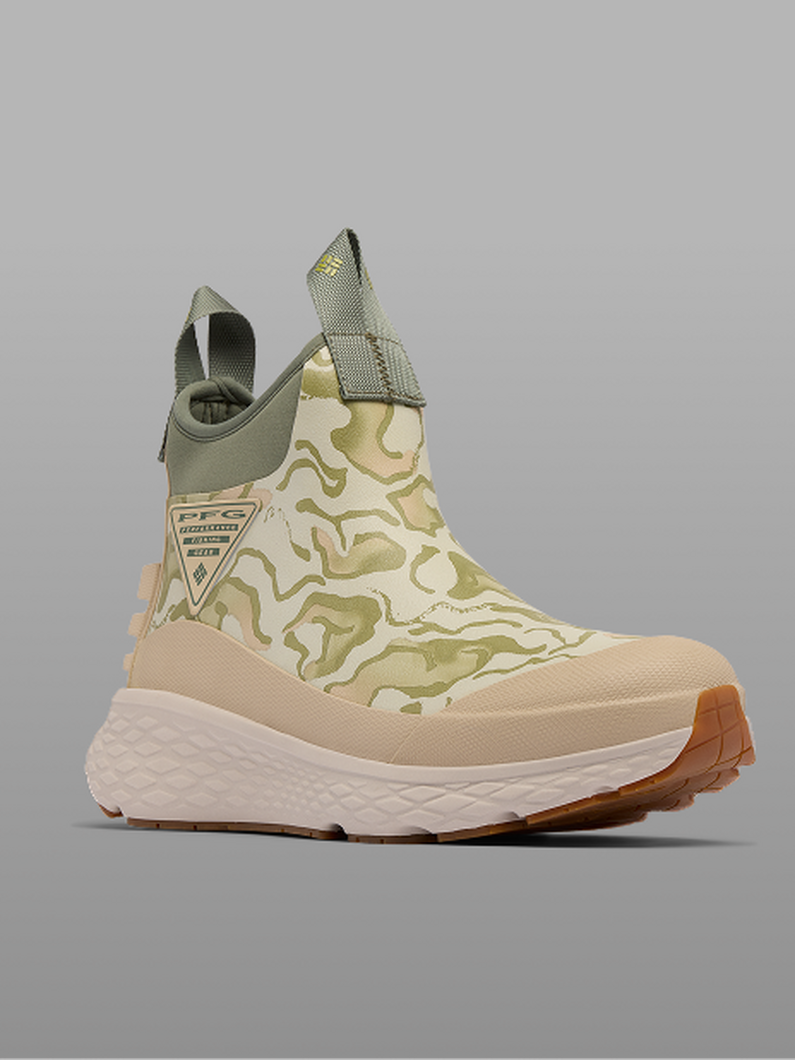 High-top sneaker boot with beige and olive green swirl pattern and gum rubber sole.