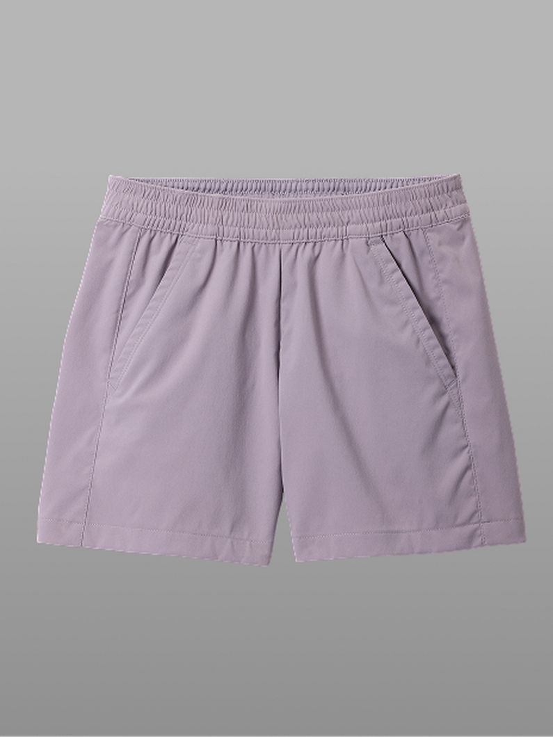 Lavender athletic shorts with elastic waistband and side pockets laid flat.
