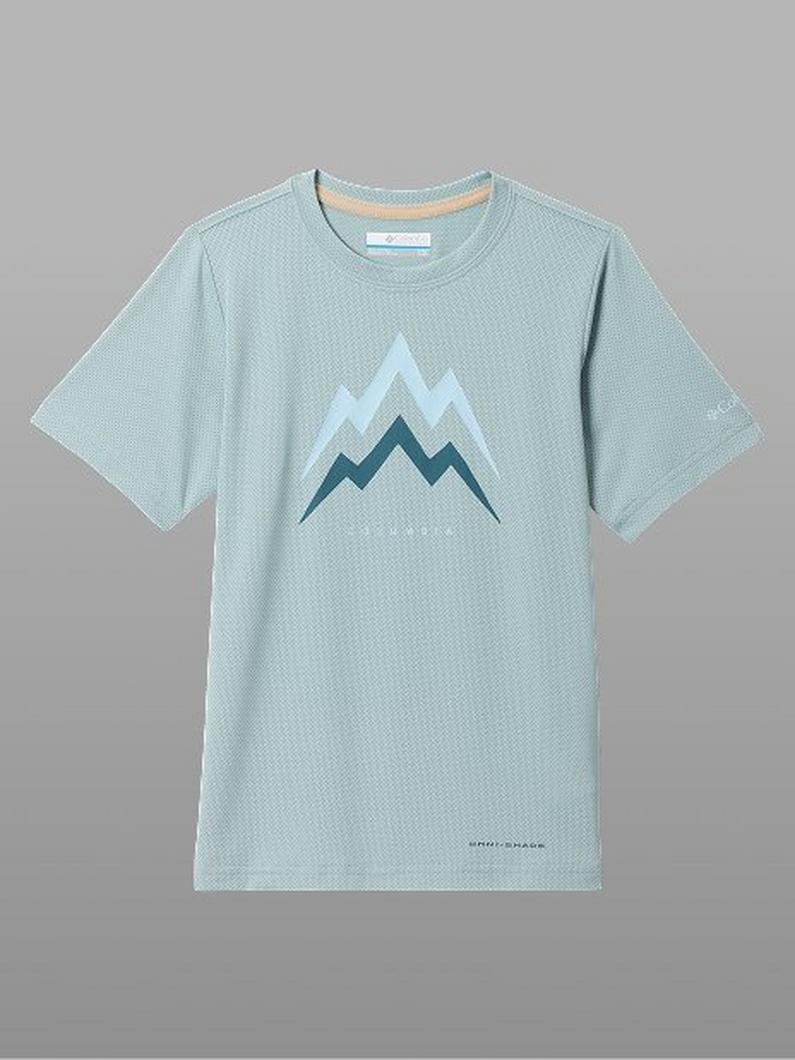 Light blue short-sleeve t-shirt with mountain graphic design in blue and white tones on the chest.
