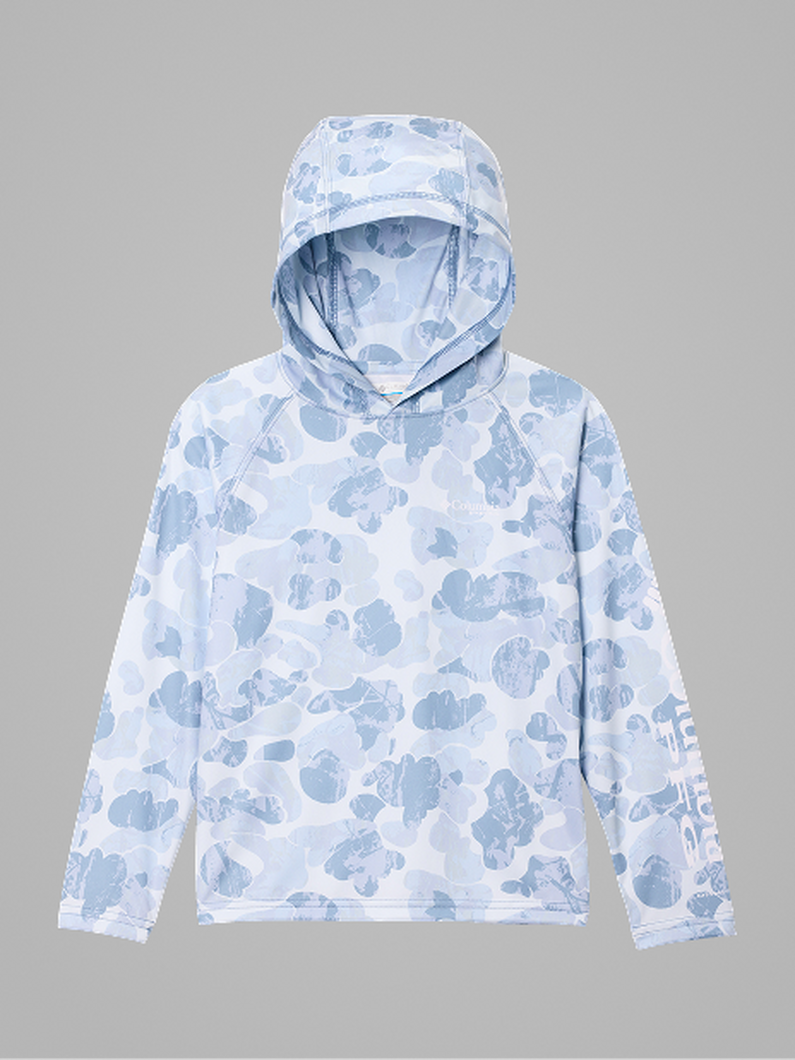 White and blue camouflage print hoodie with long sleeves and kangaroo pocket.