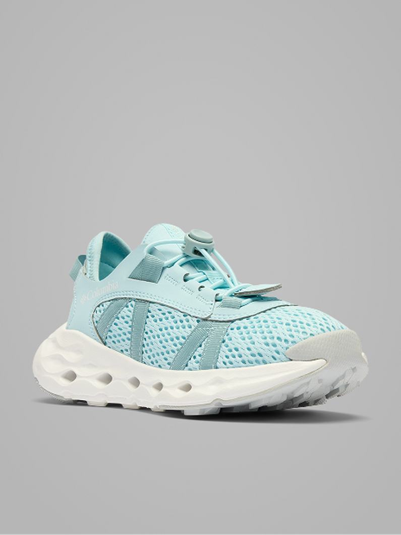 Light blue mesh athletic sneaker with white chunky sole featuring multiple air pods.