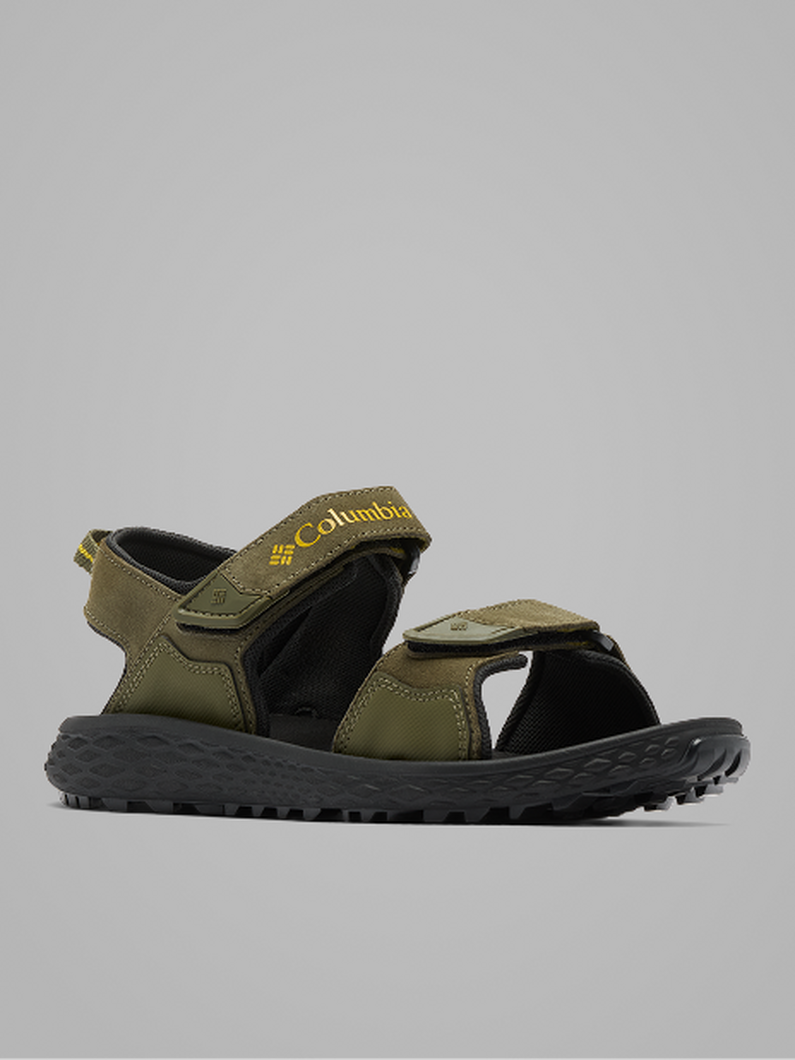 Olive green and black athletic sandal with adjustable velcro straps and textured sole.