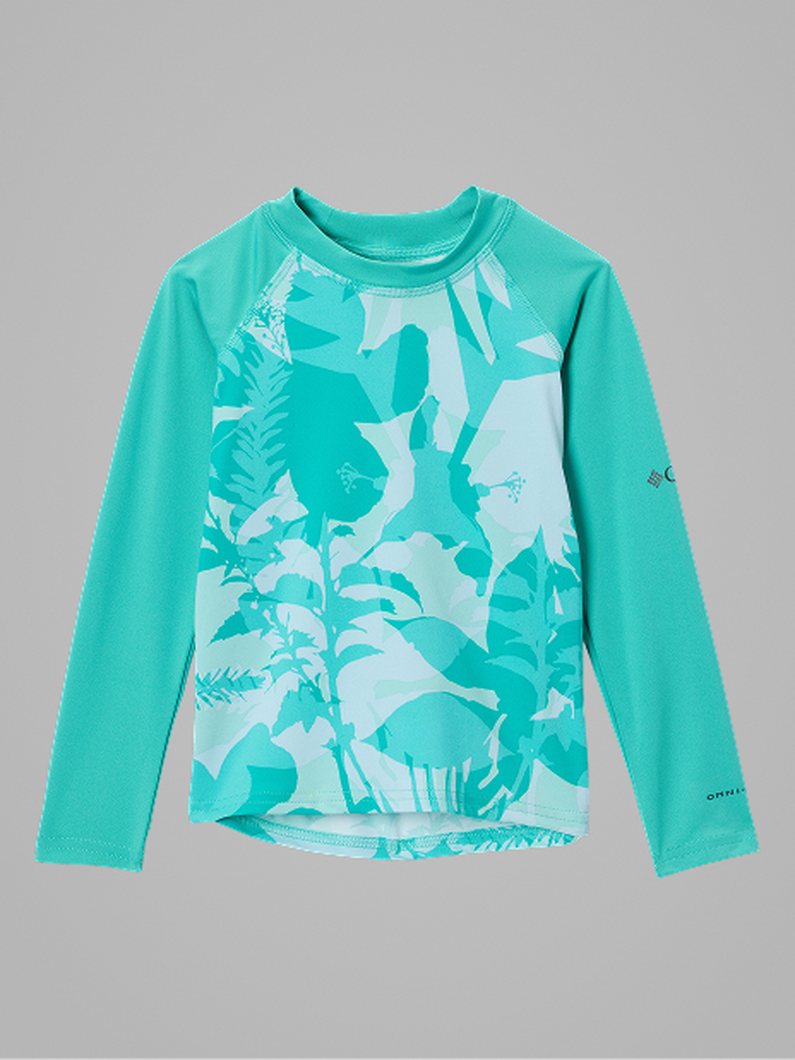 Turquoise long-sleeve athletic shirt with tropical leaf print design on the front.