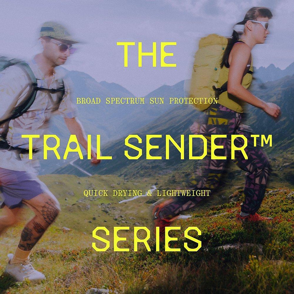 "The Trail Sender™ Series: Broad Spectrum Sun Protection, quick drying & lightweight" type overlaid on an image of two fast paced hikers in the summer mountains.