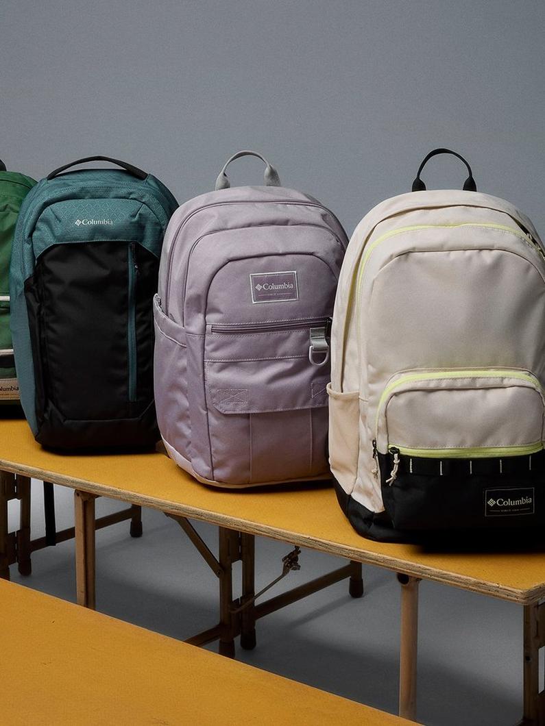 Backpacks lined up on a bench.
