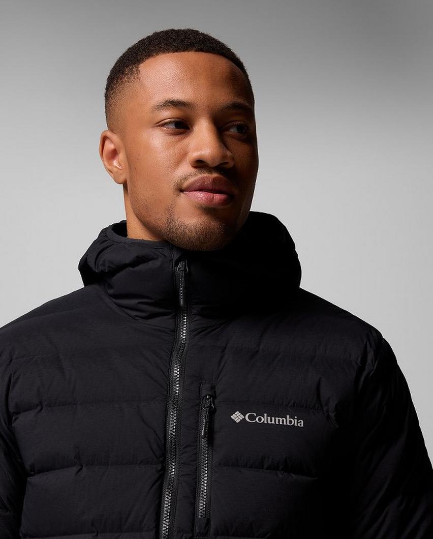 A man wearing a black puffer jacket.