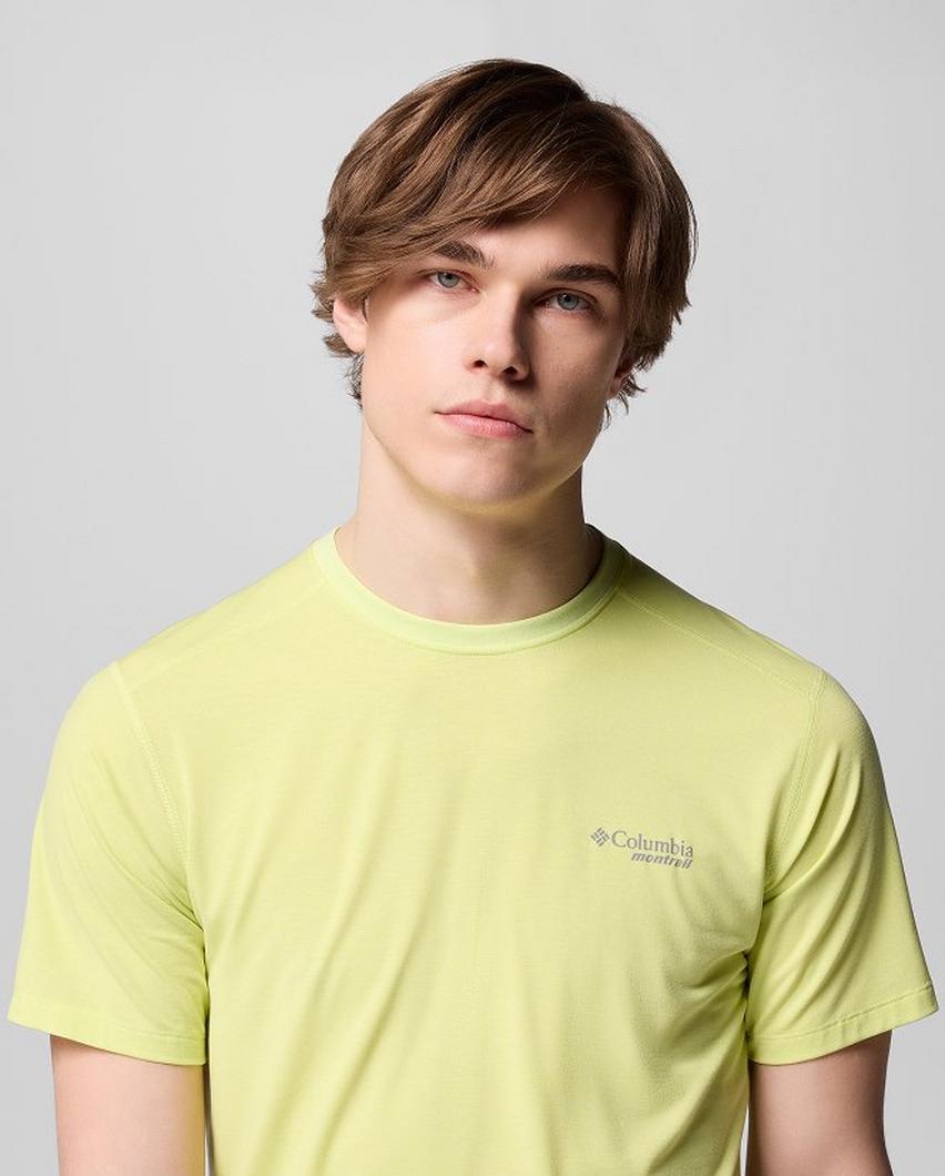 A man wearing a lime green short-sleeve shirt