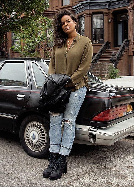 Elisa Shankle wearing Blake Lace booties in an urban setting