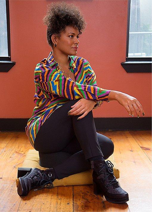 Elisa Shankle wearing Blake Lace booties in an urban setting