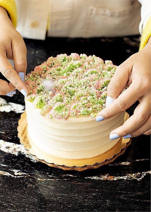 Natasha Pickowicz wearing decorating a cake in a kitchen
