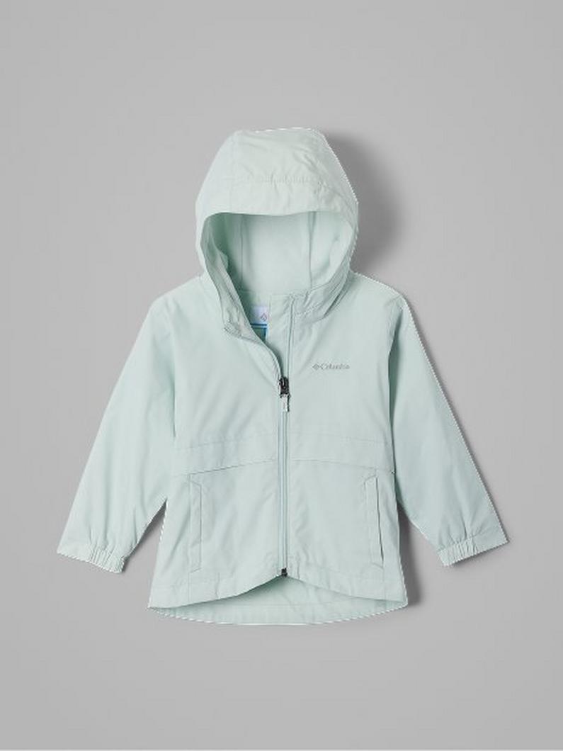 Light mint hooded rain jacket with full zip closure and two front pockets for children.