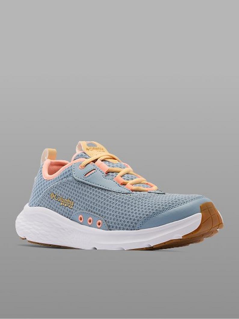 Blue mesh athletic sneaker with peach accents, white midsole, and tan rubber outsole.