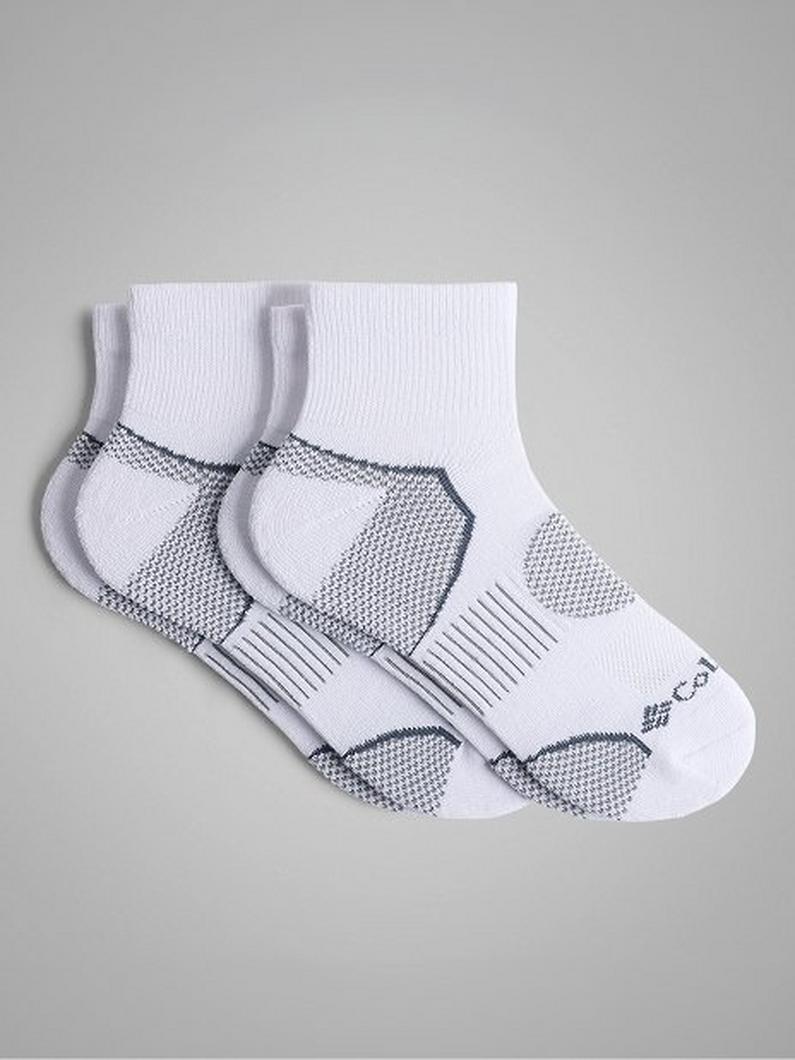 Pair of white athletic quarter socks with gray mesh ventilation panels on heel, arch, and forefoot.