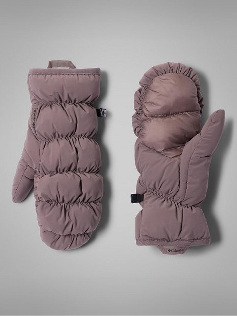 Pair of mauve quilted puffer mittens with elastic wrists and adjustable straps.