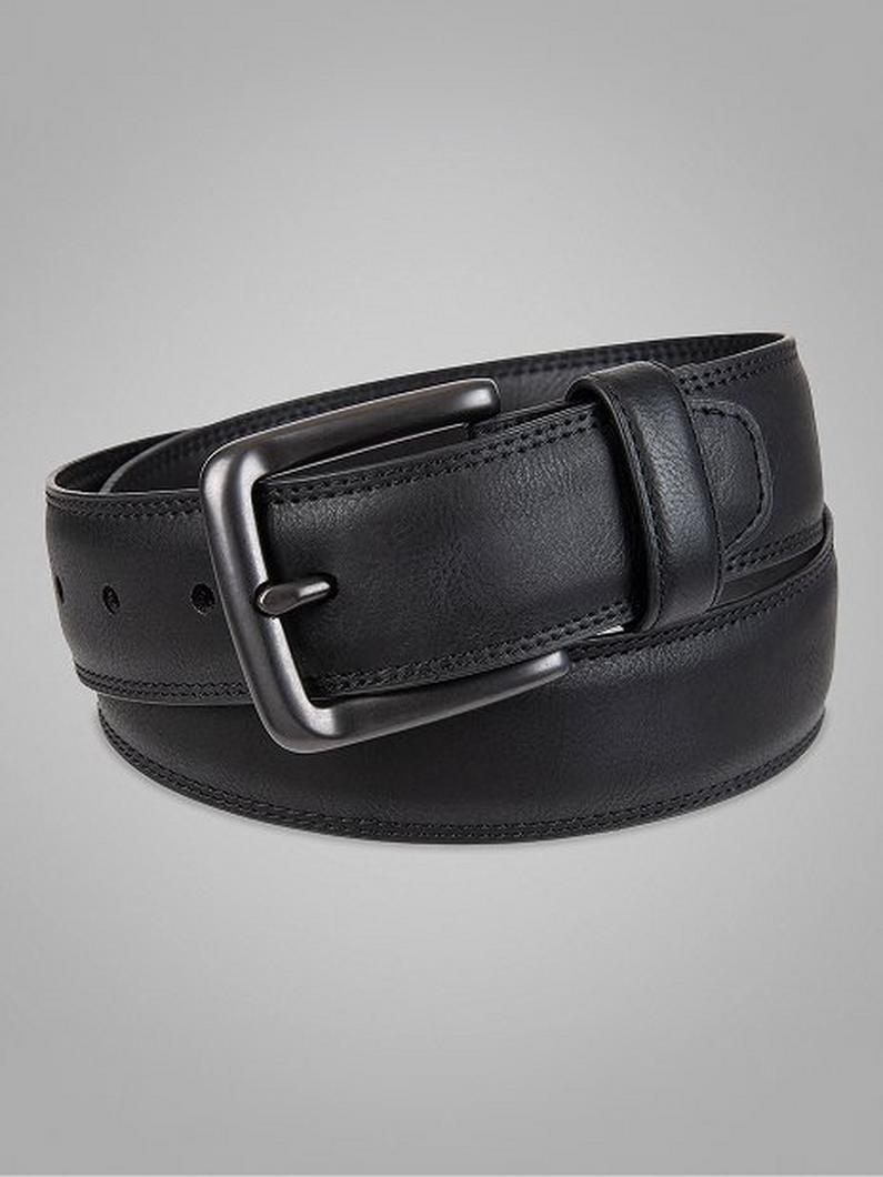 Black leather belt with silver-tone buckle and decorative stitching detail.