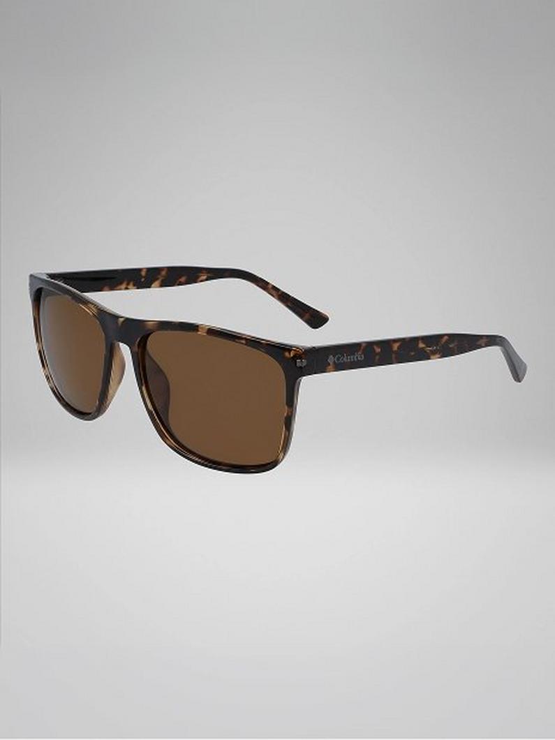Tortoiseshell wayfarer-style sunglasses with brown lenses and dark patterned frames.