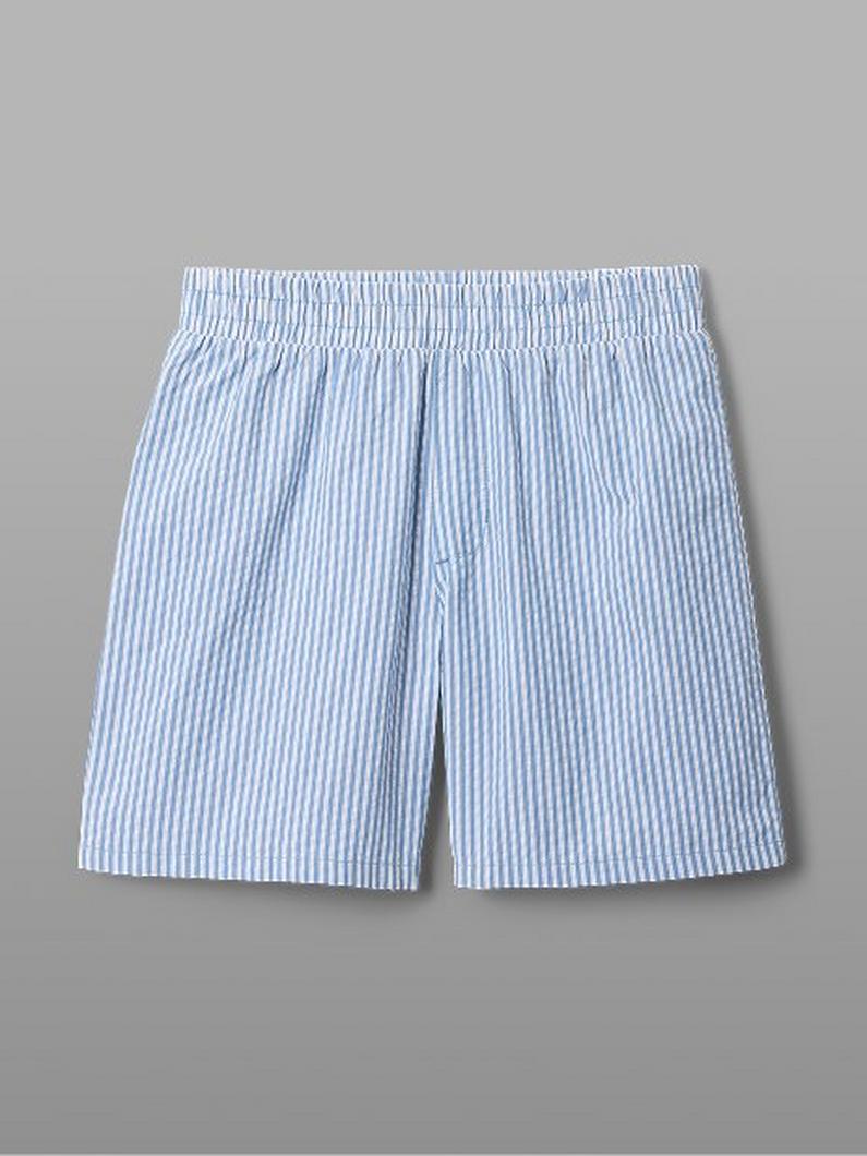 Blue and white striped boxer shorts with elasticated waistband.