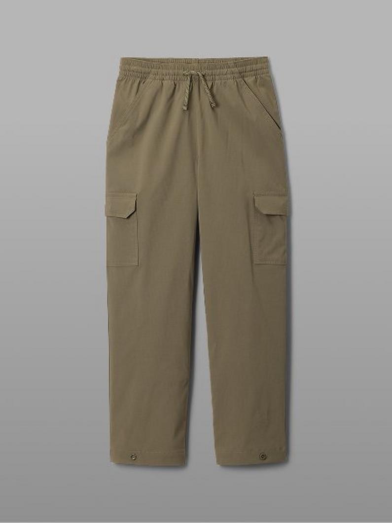 Olive green cargo pants with elasticated waistband, drawstring closure, and flap pockets on both legs.