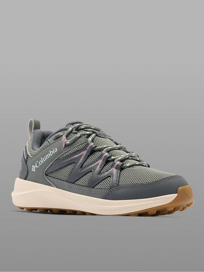 Gray and olive mesh athletic sneaker with cream midsole and gum rubber outsole.