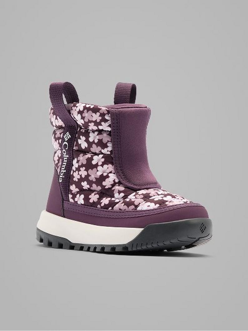 Purple winter boot with pink floral pattern, pull-on tabs, and white treaded sole.