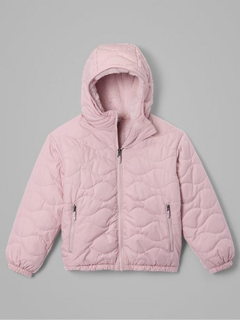 Pink quilted hooded jacket with front zipper and side pockets, featuring elastic cuffs.