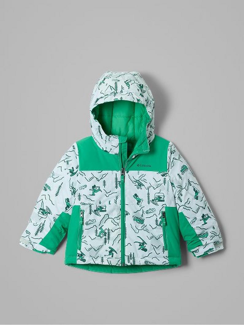 Children's hooded jacket with white mountain print panels and solid green accents and pockets.
