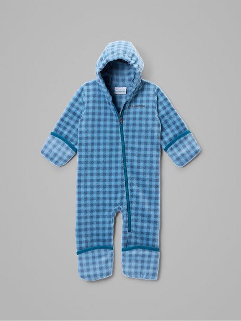 Blue checkered fleece hooded bunting with full-zip front and fold-over cuffs for infants.