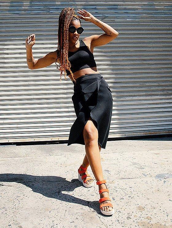 Sonjia Williams wearing Cameron Multi Strap Wedges