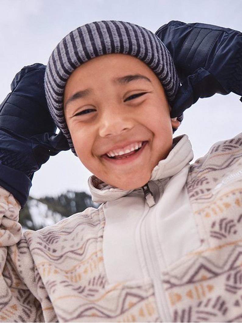 Boy wearing ski gloves and a beanie.