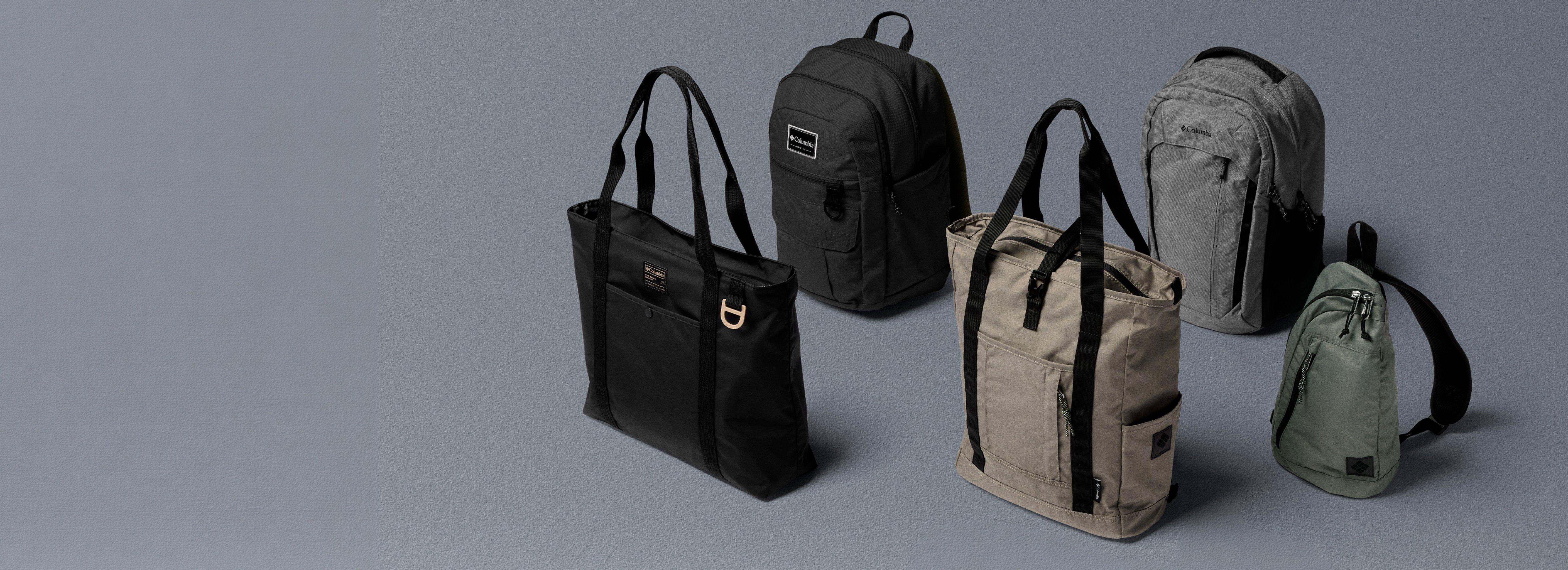 Collection of five bags including tote bags, backpacks, and a sling bag in black, tan, gray, and olive.