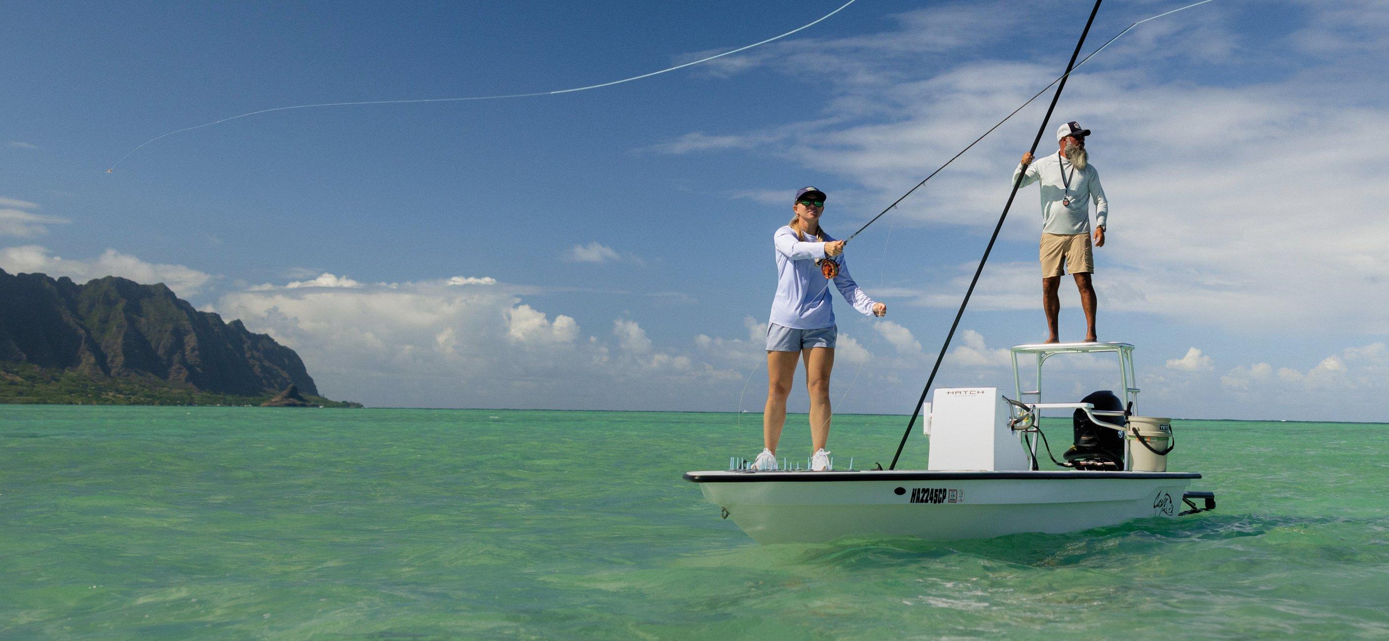 Close up of angler wearing PFG pant on a boat