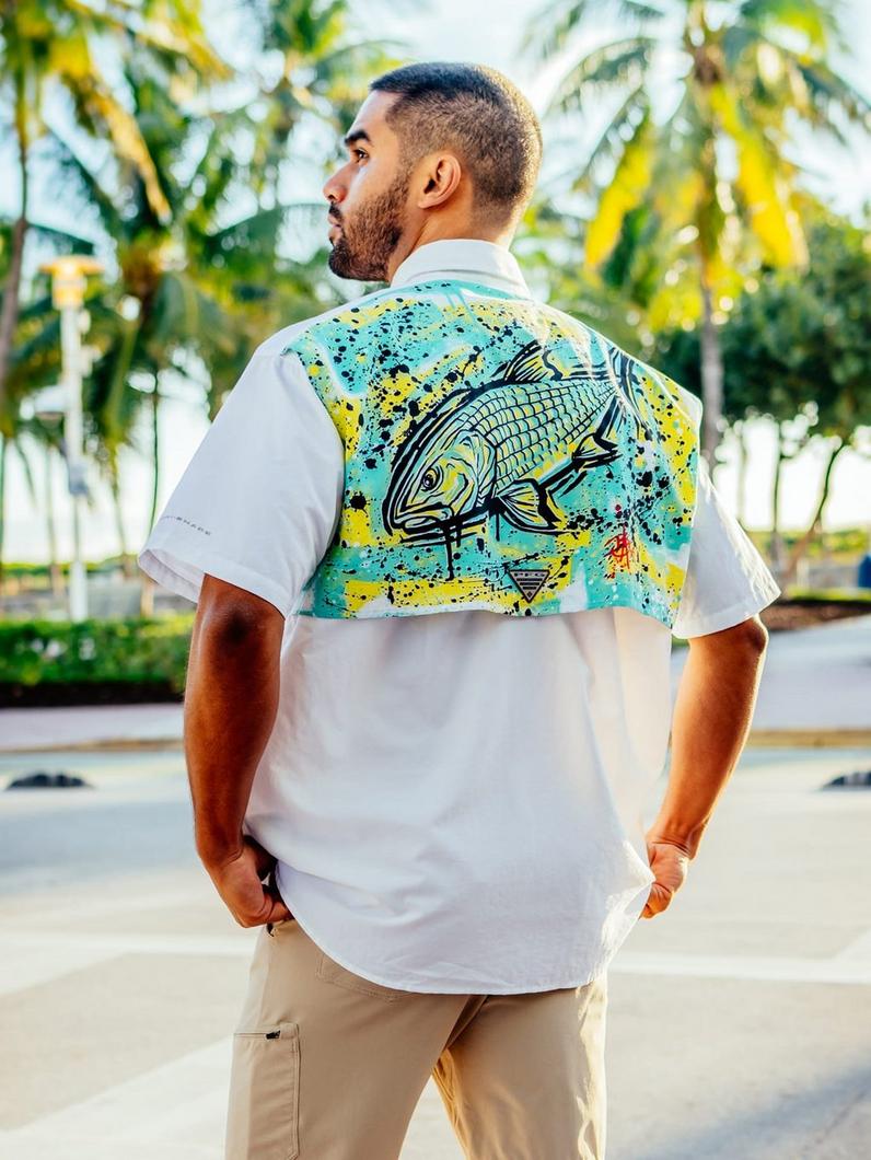 Man in a special edition Bahama shirt with graphic print by the artist Bentley.