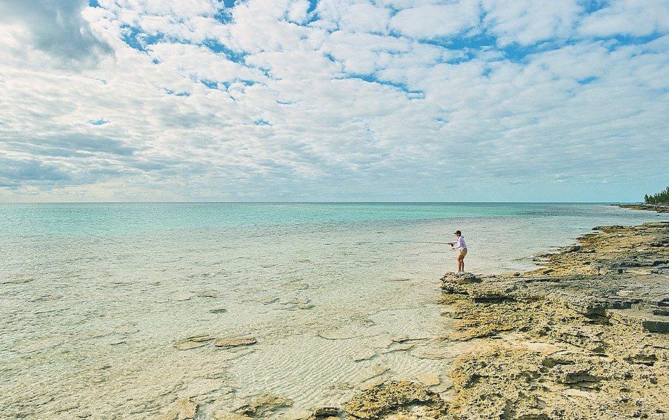 An angler wearing a hat casts a line into the shallows.